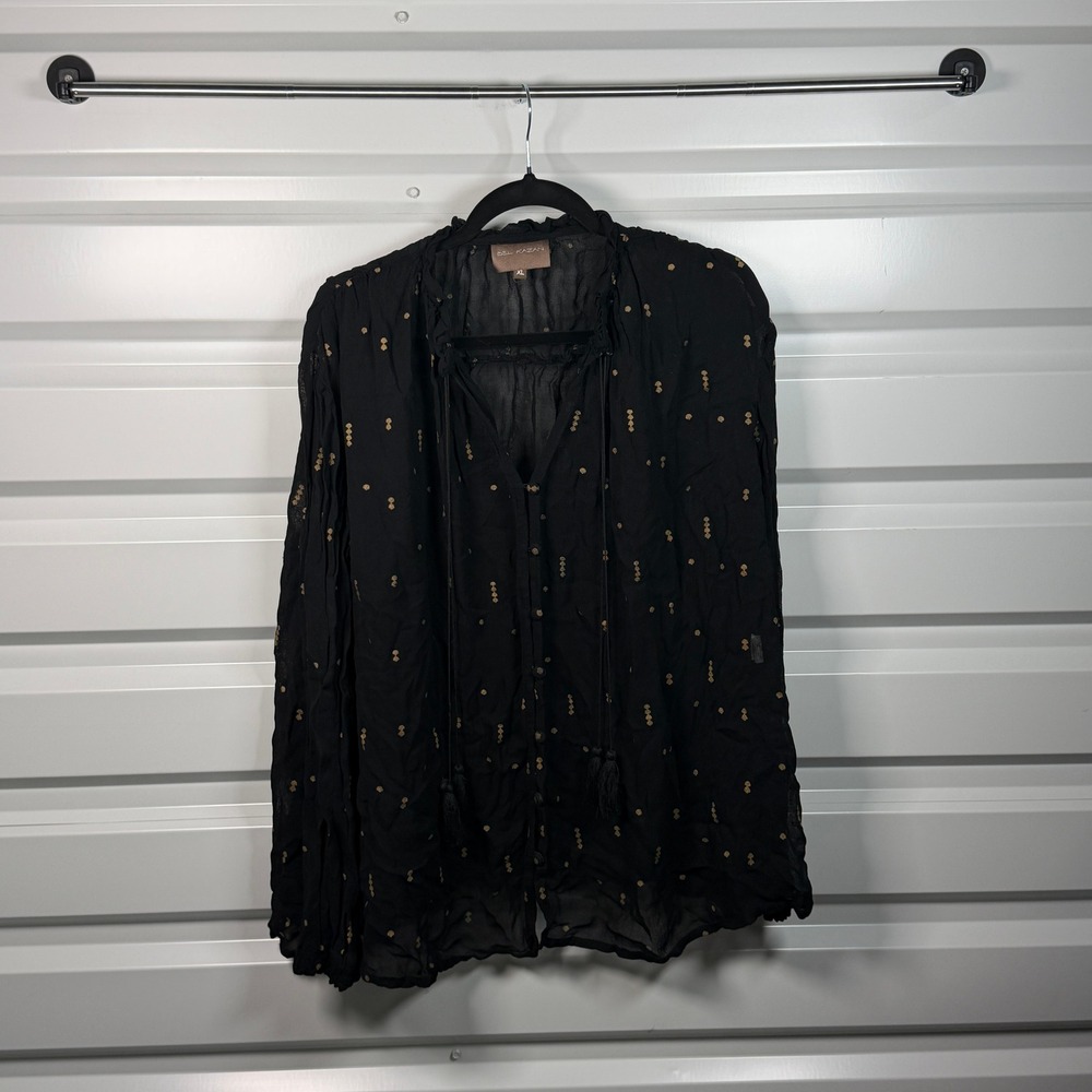 Bel Kazan Womens XL Black Gold Embroidered Dot Tassel Tie Ruffle Blouse Bali